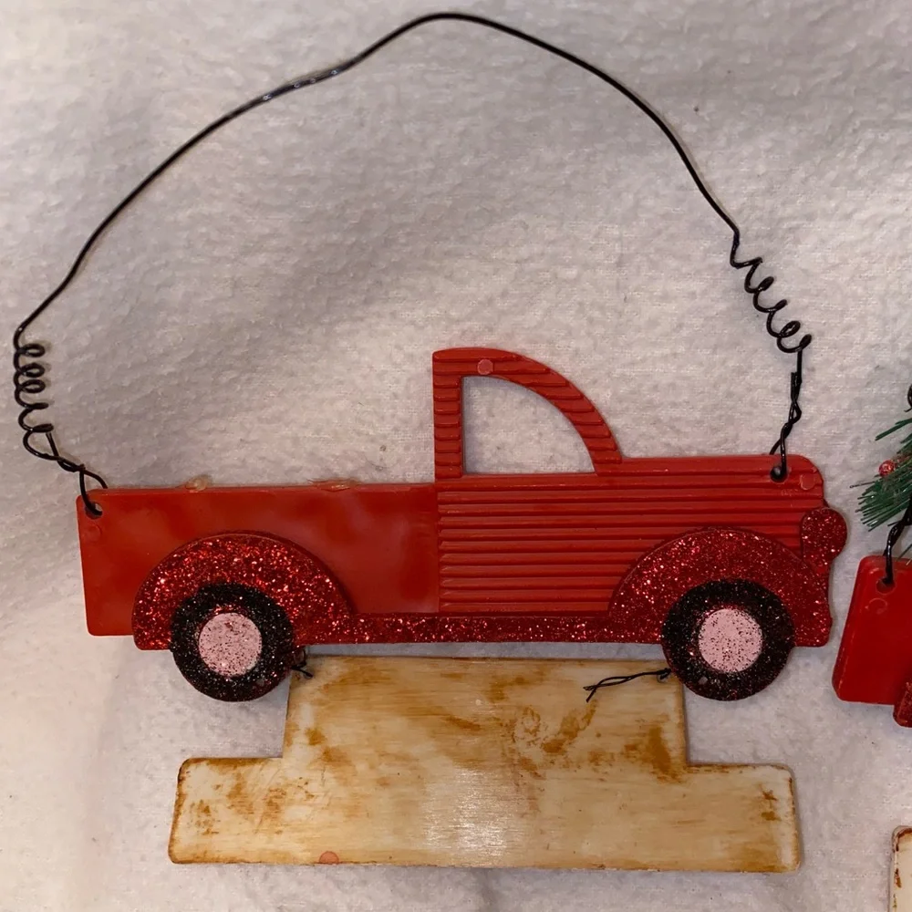 Red Christmas Truck Ornament Set vintage red truck door hanger